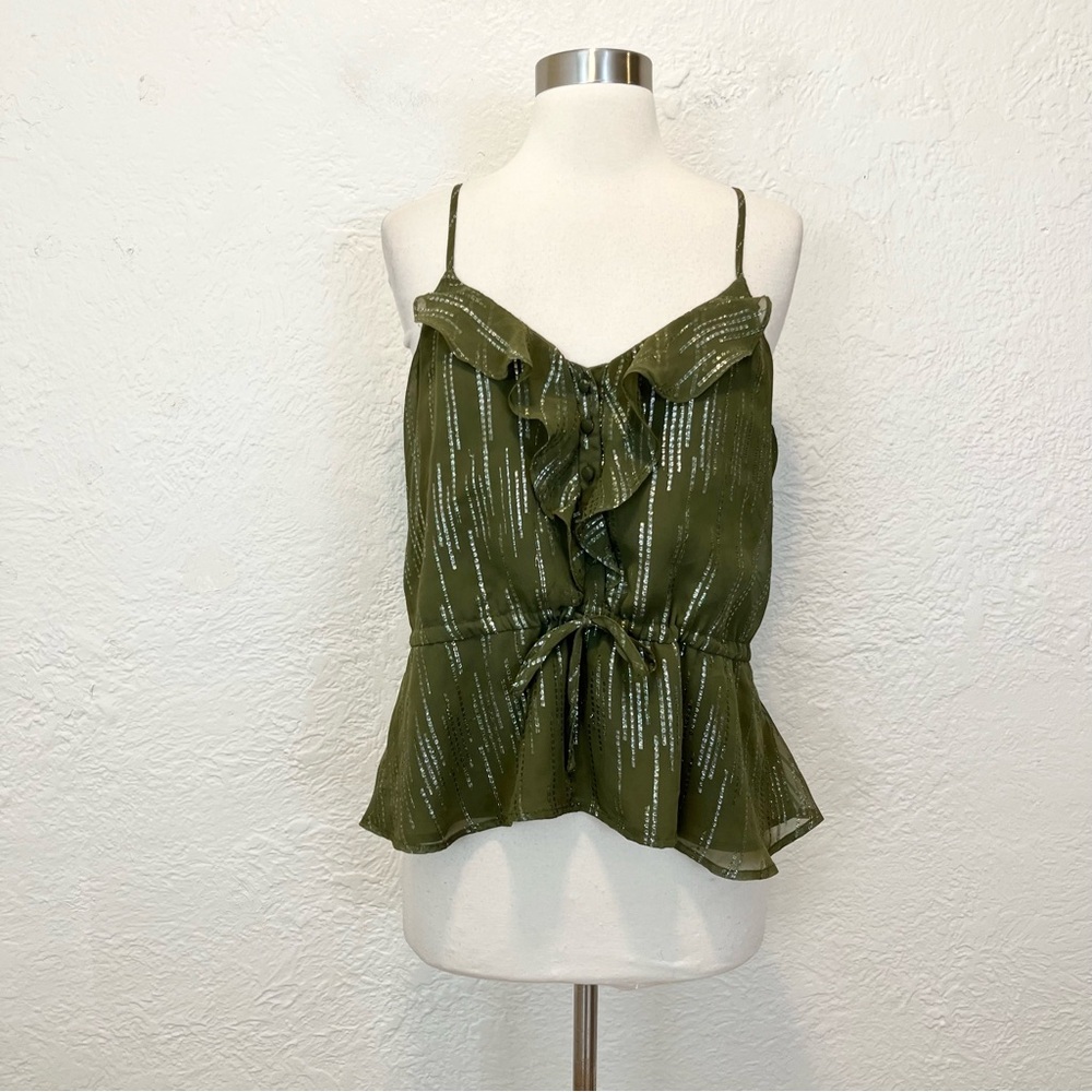 Express Top Olive Green Metallic Ruffle Whimsigoth Fairy Medium M
